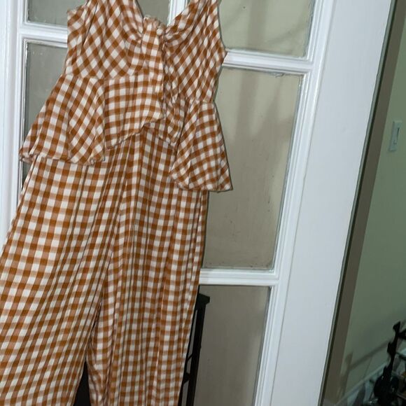 Anthropologie Saylor Laken Orange plaid gingham knot spaghetti ruffle romper - Picture 5 of 13